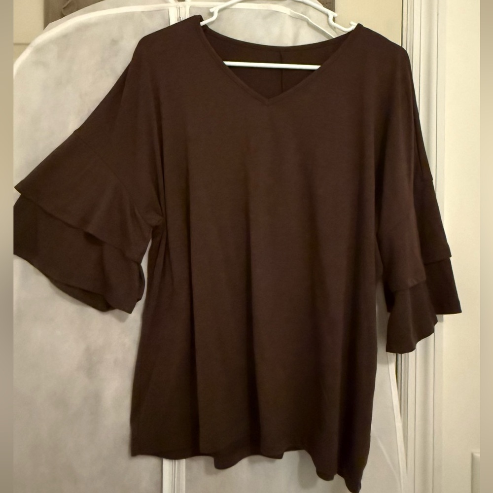 Womens Brown V-Neck Ruffle Sleeve Top